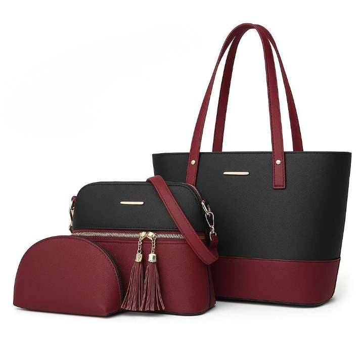 3 Piece Tote Handbag Elegant Design Premium Quality Smooth Finish Easy Carry For Daily Fashion Needs - Black and Skin