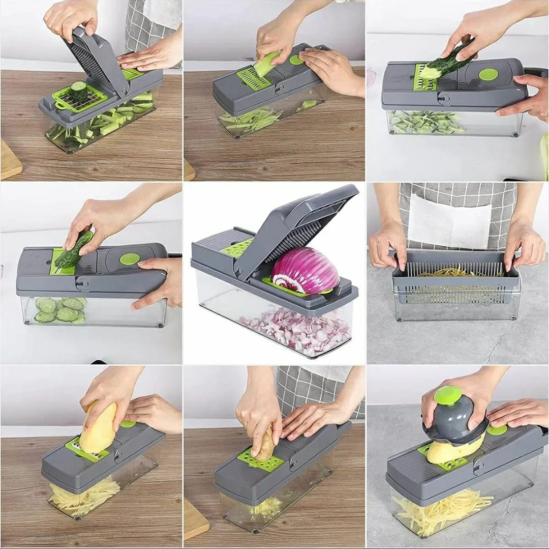 16-In-1 Multifunctional Vegetable Chopper & Slicer with Colander Basket and Storage Container – Heavy Duty Manual Food Cutter